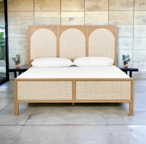 Modern Rattan <b>Headboard</b> and Footboard <b>Bed</b> Frame Wooden Bedstead Black and Natural Panel <b>Bed</b> for Hotel Home Bedroom - Product Image 1