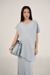 Conjunto de 2 Piezas para Mujer, Verano, Mezcla de Seda, Asimétrico, Elegante, Corte Diagonal, Cuello Redondo, Manga Corta, Casual, Sólido, Transpirable, Elegante - Product Image 3