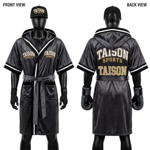 Premium 220 GSM Satin <b>Boxing</b> <b>Robe</b> Red Black Gold Contrast Panels Custom Embroidery Sublimation Logo <b>boxing</b> rob - Product Image 5