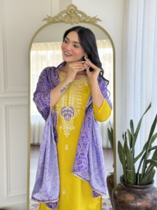 Latest Women's Mustard Color Vichitra Silk <b>Kurti</b> with Vichitra silk Pant Chinon With Digital Print Dupatta Sets - Product Image 2