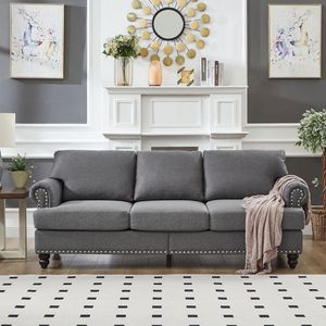 Divano Moderno Classico a Tre Posti da 83 Pollici per Soggiorno, Rivestito in Tessuto Grigio Poliestere con Borchie - Product Image 2