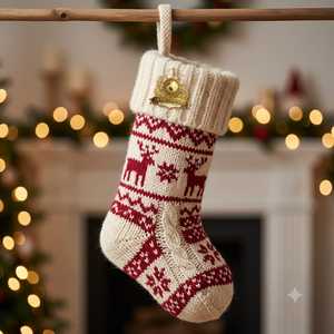 Chaussette de Noël en tricot Fair Isle, en laine crème, à suspendre au foyer, motif rouge et vert, sac cadeau pour les fêtes de famille - Product Image 3