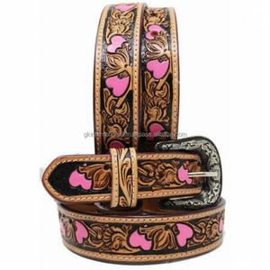 Premium Brown Leather Floral <b>Engraved</b> Colorful Western Leather <b>Tooling</b> Belt for Unisex Available at Factory Wholesale Price - Product Image 4