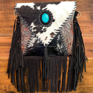 ใหม่กระเป๋าถือหนังมีขอบหนังวัว, กระเป๋าคาดลำตัวหนังวัวสีเทอร์ควอยส์มีสไตล์ของขวัญ - Product Image 4