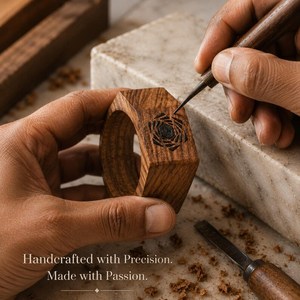Bracelet manchette large en bois naturel géométrique à grain facetté - Product Image 6