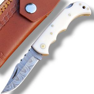 Couteaux pliants de Damas avec étui en cuir véritable, couteaux de chasse et de camping personnalisés, couteaux de poche tactiques EDC, cadeau de collection - Product Image 4