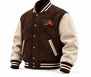 Men's Brown <b>Suede</b> Body Cream Leather Sleeves Varsity <b>Jacket</b> With Embroidered Logos Casual Winter Wear Stand Collar OEM - Product Image 5