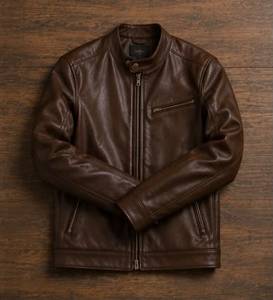 Blouson moto matelassé vintage unisexe en cuir PU marron, col mandarin, fermeture éclair, coupe classique, style hiver, ODM - Product Image 3