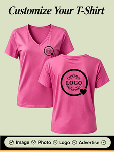 Custom Logo Pink V-Neck Women's T-Shirt Short Sleeve Quick Dry Polyester Casual Solid Color Front Print Design - Product Image 3
