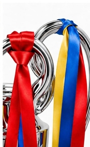 Coupe de trophée en métal argenté avec de grandes poignées et des rubans rouges, bleus et jaunes - Product Image 3