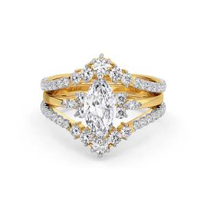 Anillo Elegante de Lujo con Tres Bandas de Moissanita Corte Marquesa y Piedras, Chapado en Oro sobre Plata 925, Joyería de Compromiso para Boda - Product Image 2