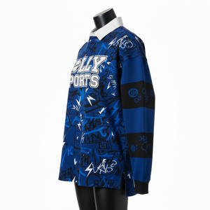 Maillot de rugby pour femme en coton et polyester, bleu royal avec rayures noires sur les manches, logo personnalisé par sublimation, maillot de rugby pour femme en coton - Product Image 3