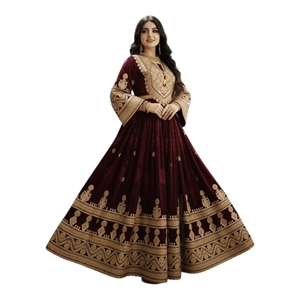 Robe en velours marron Kuchi afghane, couleurs et tailles personnalisées, robe afghane à col en V, manches longues, broderie lourde, robes de mariage pour femmes - Product Image 1