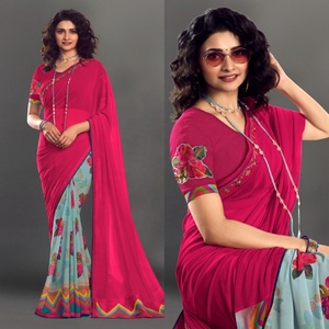 Meilleur Prix Traditionnel Femmes Georgette Imprimé Sari Unstitch Blouse Rose Couleur Soie Saree Salwar pour Mariage et Fête Porter - Product Image 1