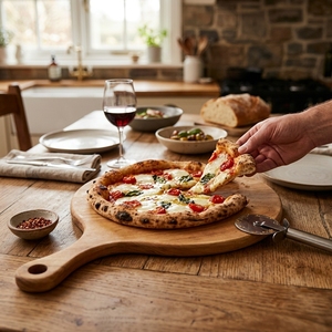 Planche à pizza ronde en bois de teck naturel, planche à découper, plateau de service pour charcuterie, avec poignée en cuir et trou de suspension - Product Image 2