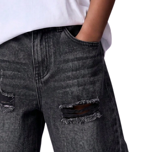 <b>Boys</b> Black Denim Shorts <b>Washed</b> Ripped Distressed Knee Length Relaxed Fit Casual Jeans Shorts With Whisker Effect For Streetwear - Product Image 3