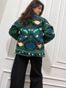 <b>Women</b> Floral Embroidered Mandarin Collar Kimono Style <b>Robe</b> Long Sleeve Full Length Cotton Knitted Autumn Fashion Soft <b>Black</b> - Product Image 5