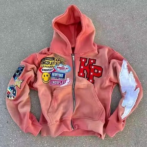 Sudaderas con capucha de moda urbana con logotipo y diseño bordados personalizados con efecto acid wash para unisex, sudaderas con capucha con cremallera transpirables de alta calidad - Product Image 5