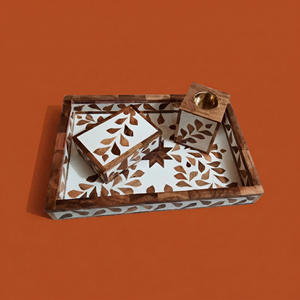Handcrafted Wooden Arabic Incense Burner Set With Elegant Floral Leaf Inlay, <b>Matching</b> Tray, Storage <b>Box</b> And Brass Cup Accent - Product Image 1