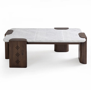 New Modern Minimalist Intricate Design Marble Top In Lining Pattern With Solid Acacia Wood <b>Folding</b> Leg Living Room Coffee <b>Table</b> - Product Image 2