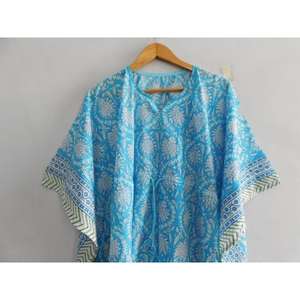 Vestido Kaftán Bohemio de Algodón, Hecho a Mano con Estampado de Bloques, Túnica Holgada para la Playa, Ropa para Vacaciones de Verano - Product Image 3