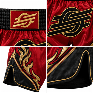 Pantalones Cortos Rojos de MMA con Diseño de Llama Dorada, Logotipo Negro Estampado en la Parte Delantera, Unisex, Corte Regular, Poliéster Elástico, Duraderos, de Secado Rápido, para Adultos, Combate - Product Image 5