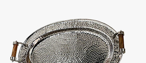 Hammered Oval Shaped Silver Tray Wooden Handle Dining <b>Table</b> Food Serving Silver Tray Decorative <b>Copper</b> Tray - Product Image 3
