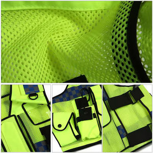 Gilet de sécurité unisexe haute visibilité réfléchissant, vert et bleu à carreaux, avec plusieurs poches, en maille polyester, résistant aux perforations - Product Image 6