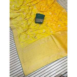 DESGASTE DE FIESTA DOLA SEDA ZARI TRABAJO TEJIDO SAREE CON BLUSA DESCOSTADA AMARILLO - Product Image 1