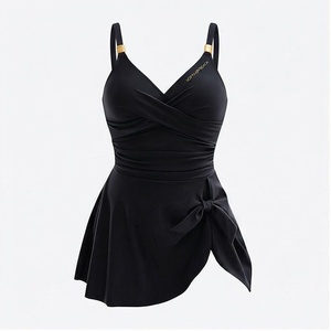 KOPFTHATRIOCH Women's Black Swimdress <b>Crossed</b> Halter Twist Front Skirt One Piece Stretch Bikini Beachwear - Product Image 1