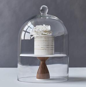 Low profile <b>glass</b> <b>cake</b> <b>dome</b> with wooden feet base modern dessert cover display for kitchen counter table low height simple look - Product Image 4