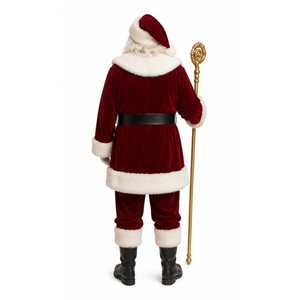 Costume de Père Noël en velours rouge avec bordure en fourrure blanche, chapeau, barbe et bâton, tenue de fête pour homme adulte - Product Image 2