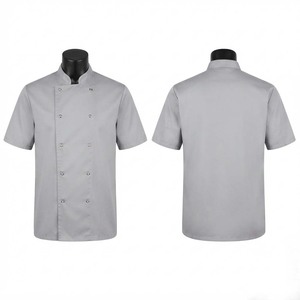 เสื้อเชฟแบบยูนิเซ็กซ์ ผ้าคอตตอนโพลีเอสเตอร์ทวิล 200 GSM แขนสั้น กระดุมสองแถว คอตั้ง สีเทา พิมพ์ลายซิลค์สกรีน สำหรับชุดยูนิฟอร์ม - Product Image 1