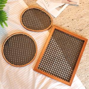 Ensemble de plateaux de service en rotin et bois faits à la main, ronds et rectangulaires, en cannage tressé, pour café, thé, collations, décoration de cuisine et de table - Product Image 3