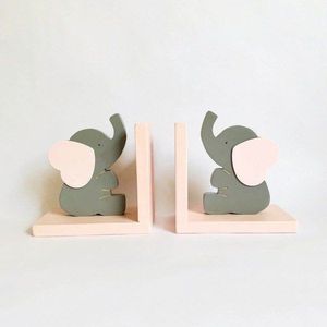 <b>Wooden</b> Elephant Bookends Scandinavian <b>Nursery</b> Book Holders Grey Pink Kids Room <b>Decor</b> - Product Image 1
