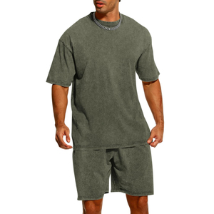 Conjunto de chándal personalizado con lavado ácido para hombre, conjunto de pantalón corto y camiseta en blanco, estilo hip hop, adecuado para otoño y verano. - Product Image 2