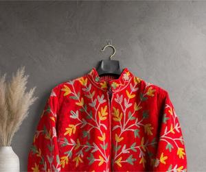 Ethnic Red Velvet Embroidered Jacket With Floral And Camel Pattern Full Sleeve <b>Stand</b> Collar Handmade Women's Winter <b>Coat</b> - Product Image 3