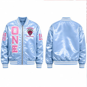 Chaqueta Bomber Azul Claro con Bordado Rosa, Cuello Camisero, Estilo Casual, Corte Regular, Material de Poliéster - Product Image 1