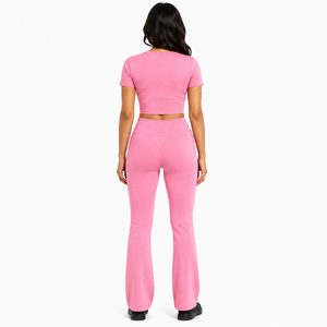 Women Pink Fitness Outfit Short Sleeve Athletic Top <b>Flared</b> <b>Leggings</b> High Waist Yoga Wear Custom Logo <b>Gym</b> Apparel Bulk Supplier - Product Image 2