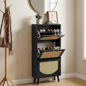 Scarpiera Nera a 3 Ripiani con Frontale in Rattan 54*24*135 cm in Truciolato - Product Image 1