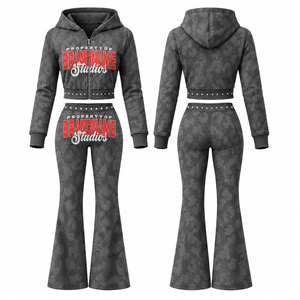 Survêtement gris à capuche pour femme BRANDNAME, fermeture éclair intégrale, motif à pois, style décontracté avec poches latérales, impression par transfert thermique - Product Image 1