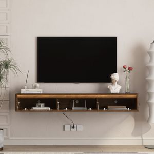 Supporto TV da Parete per Soggiorno, Mobile Sospeso in Legno con Luci LED e Presa di Corrente - Product Image 4