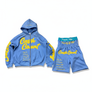 Ensemble short et sweat à capuche bleu en polyester coupe-vent épais délavé unisexe, survêtement d'été sans manches avec cordon de serrage imprimé - Product Image 1
