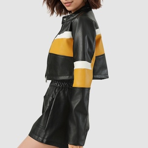 New <b>Ladies</b> <b>Cropped</b> Biker Leather <b>Jacket</b> Long Sleeve Waterproof Winter Outwear with Stand Collar Solid Pattern Motorcycle <b>Jacket</b> - Product Image 2