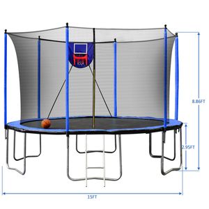 Trampoline bleu de 15 pieds avec panier de basket, gonfleur et échelle, 6 pièces, filet de sécurité supplémentaire, manchons de poteaux - Product Image 2