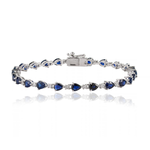 Pulsera de tenis apilable de alta calidad, la más vendida, con zafiro azul talla pera y diamantes, para unisex, de oro blanco macizo de 14K, joyería fina. - Product Image 1