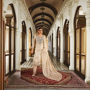 Venta al por mayor de viscosa brillo Jacquard cuello para India y Pakistán Duppata color crema ropa de fiesta pesada con efecto brillo - Product Image 1