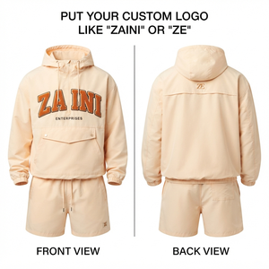 Conjunto Corto de Chaqueta Cortavientos de Poliéster Taslon de 130 GSM para Hombre, Diseño Casual de Invierno, Color Beige, con Capucha y Paneles, Bordado Personalizado en Chenille en la Parte Delantera - Product Image 1