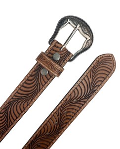 Western Style Embossed Leather Belt for Men Brown <b>Tooled</b> Floral Pattern Cowboy Waistband with <b>Engraved</b> Silver Buckle - Product Image 6