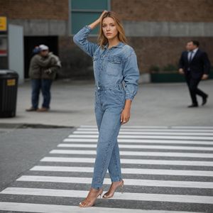 Mono vaquero de moda para mujer de talla grande 2026, mono vaquero azul de moda para mujer, conjunto informal de una pieza de pierna ancha - Product Image 5